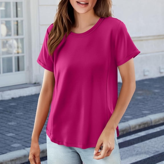 Tittly T Shirts for Women Spring Tops for Women Women's Solid Color T Shirt Round Neck Short Sleeved Top Large Size Loose Elastic Pure Cotton Base Shirt Tshirts Shirts Basic Tees Hot Pink 5XL