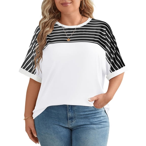 Tittly T Shirts for Women Spring Tops for Women Women's Spring Round Neck Striped Color Blocked Printed Loose Casual Short Sleeved T Shirt Tshirts Shirts Basic Tees White S