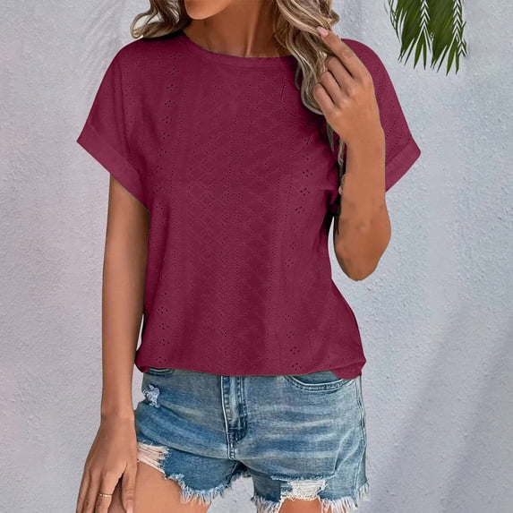Tittly T Shirts for Women Spring Tops for Women Women's Spring Summer Solid Color Hollow Breathable Round Neck Loose Short Sleeved T Shirt Top Tshirts Shirts Basic Tees Wine XL