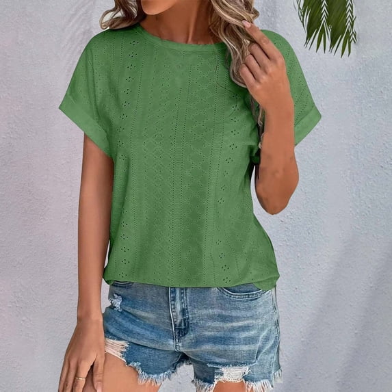 Tittly T Shirts for Women Spring Tops for Women Women's Spring Summer Solid Color Hollow Breathable Round Neck Loose Short Sleeved T Shirt Top Tshirts Shirts Basic Tees Green S