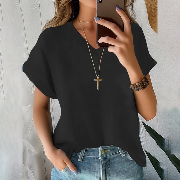 Tittly T Shirts for Women Spring Tops for Women Women's V Neck Batwing Sleeve Tops Summer Basic Short Sleeve T Shirts Loose Fit Tees 2025 Tshirts Shirts Basic Tees Black S