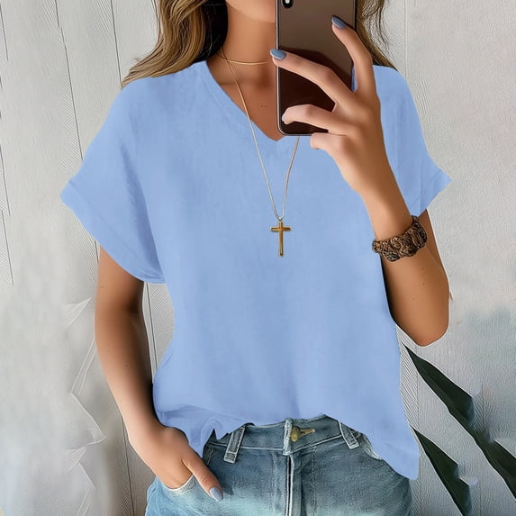 Tittly T Shirts for Women Spring Tops for Women Women's V Neck Batwing Sleeve Tops Summer Basic Short Sleeve T Shirts Loose Fit Tees 2025 Tshirts Shirts Basic Tees Blue M