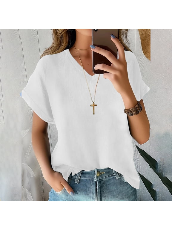 T Shirts for Women Spring Tops for Women Women's V Neck Batwing Sleeve Tops Summer Basic Short Sleeve T Shirts Loose Fit Tees 2025 Tshirts Shirts Basic Tees White XL