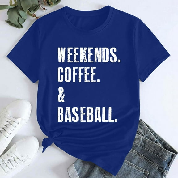 Tittly T Shirts for Women Tshirts Shirts Women's WEEKENDS COFFEE BASEBALL Printed T Shirt Cotton Round Neck Casual Short Sleeves Graphic Tees Summer Tops Blue XL