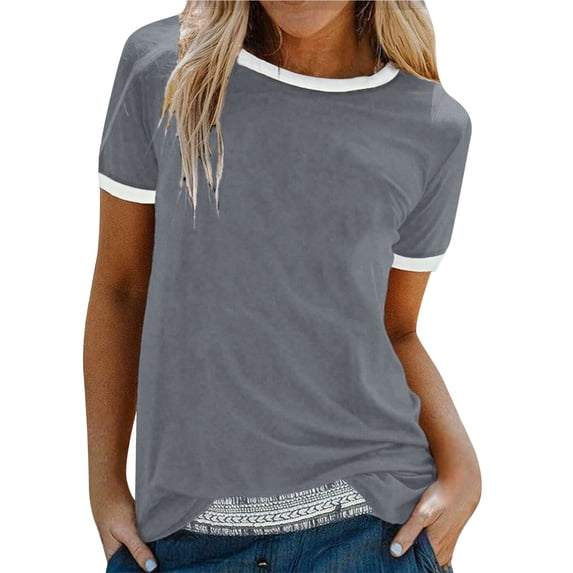 Tittly T Shirts for Women Spring Tops for Women Womens Crew Neck Tops Contrast Binding Short Sleeve T Shirt Summer Tee Tshirts Shirts Basic Tees Dark Gray S