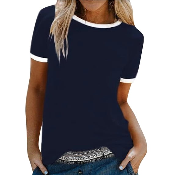 Tittly T Shirts for Women Spring Tops for Women Womens Crew Neck Tops Contrast Binding Short Sleeve T Shirt Summer Tee Tshirts Shirts Basic Tees Navy L