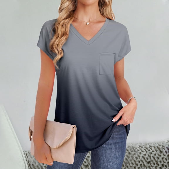 Tittly T Shirts for Women Spring Tops for Women Womens T Shirts V Neck Cap Short Sleeve Summer Tops Trendy 2025 Loose Casual Tshirts With Pocket Tshirts Shirts Basic Tees Grey L