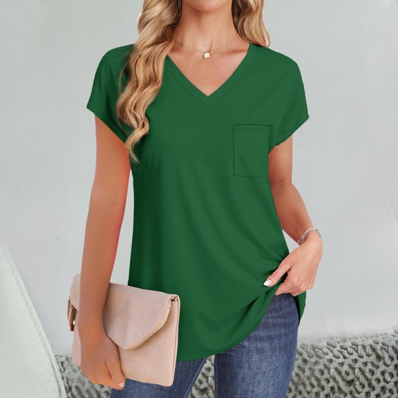 Tittly T Shirts for Women Spring Tops for Women Womens T Shirts V Neck Cap Short Sleeve Summer Tops Trendy 2025 Loose Casual Tshirts With Pocket Tshirts Shirts Basic Tees Green S