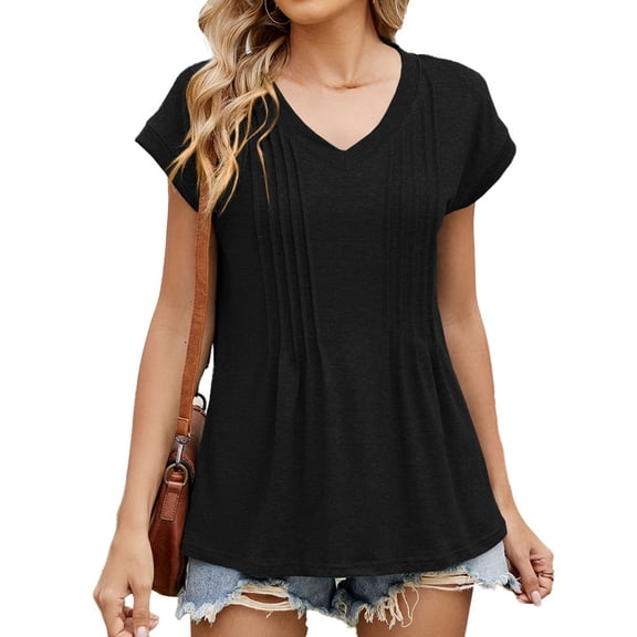 Tittly T Shirts for Women Spring Tops for Women Womens Tops Casual Summer Sleeve T Shirts Trendy Ruffle Short Sleeve Loose V Neck Tunic Tops Tshirts Shirts Basic Tees Black M