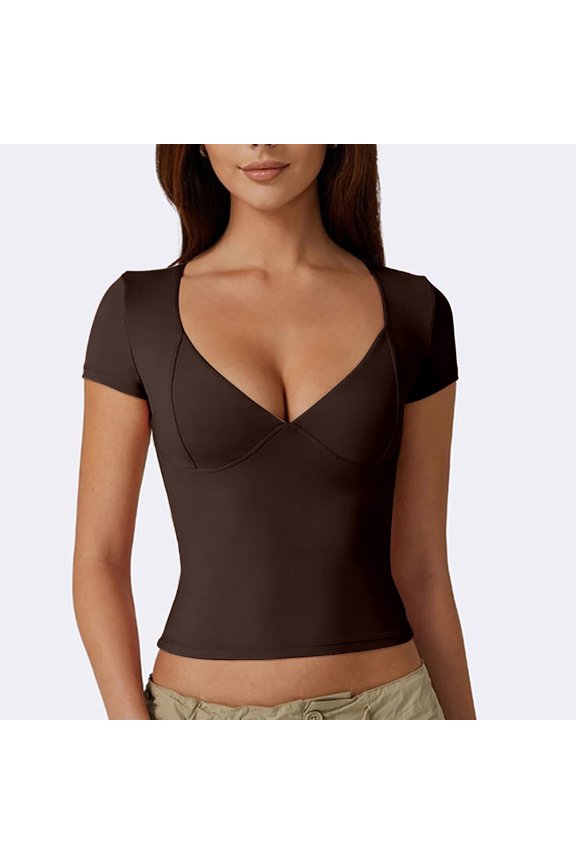 T Shirts for Women Tshirts Shirts New Women's Tops Slim T Shirt V Neck Blouse Bottoming Short Sleeved Solid Color Blouse T Shirt Going Out Tops Crop Tops Coffee XL