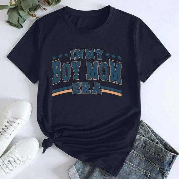 Tittly T Shirts for Women Tshirts Shirts Women's In My Boy Mom Printed T Shirt Cotton Round Neck Casual Short Sleeves Basic Tees Summer Tops Dark Blue XL
