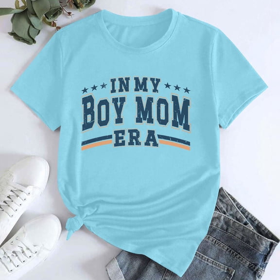 Tittly T Shirts for Women Tshirts Shirts Women's In My Boy Mom Printed T Shirt Cotton Round Neck Casual Short Sleeves Basic Tees Summer Tops Light Blue XXL