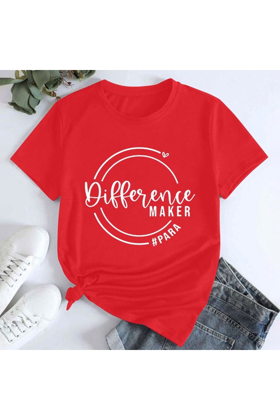 T Shirts for Women Tshirts Shirts Women's Difference Maker Para Printed T Shirt Cotton Round Neck Casual Short Sleeves Graphic Tees Summer Tops Red S
