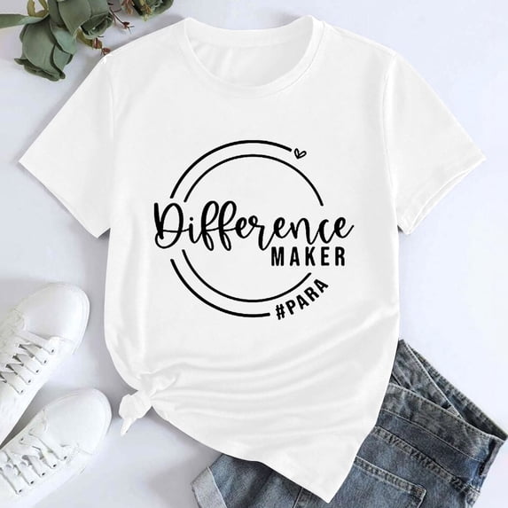 Tittly T Shirts for Women Tshirts Shirts Women's Difference Maker Para Printed T Shirt Cotton Round Neck Casual Short Sleeves Graphic Tees Summer Tops White XXL