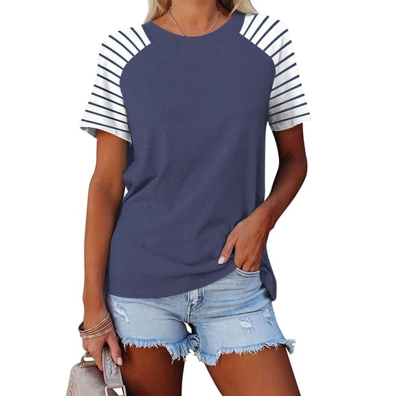 Tittly T Shirts for Women Tshirts Shirts Women's Round Neck Patchwork Striped Color Block Loose Casual Short Sleeved T Shirt Basic Tees Summer Tops Dark Blue S