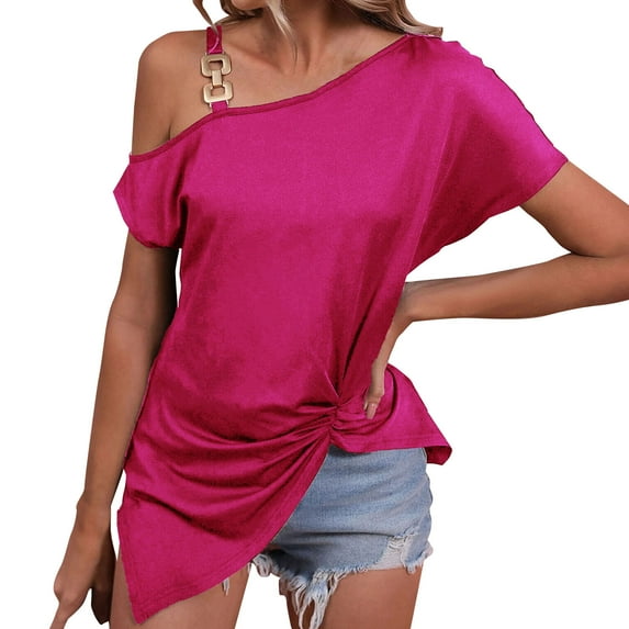 Tittly T Shirts for Women Tshirts Shirts Women's Short Sleeve Asymmetrical Solid Color Off The Shoulder T Shirt Top Going Out Tops Crop Tops Hot Pink L