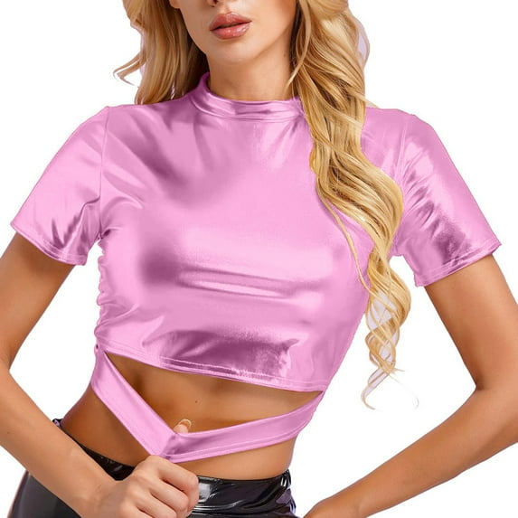 Tittly T Shirts for Women Tshirts Shirts Women's Solid Color Reflective Shiny Metallic Round Neck Short Sleeve Crop Top T Shirt Going Out Tops Crop Tops Pink XXL