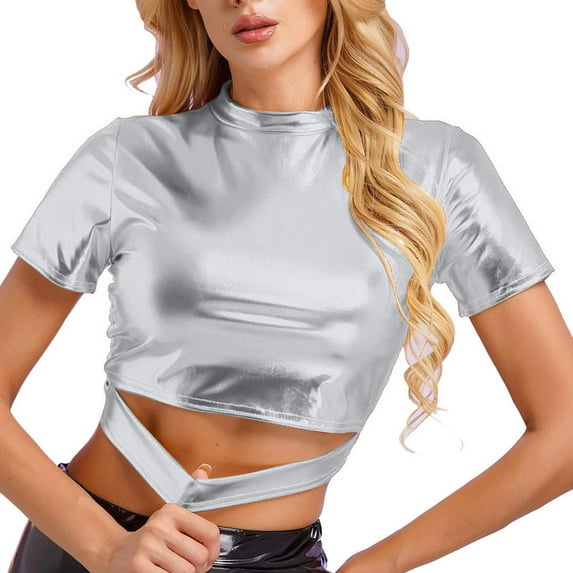 Tittly T Shirts for Women Tshirts Shirts Women's Solid Color Reflective Shiny Metallic Round Neck Short Sleeve Crop Top T Shirt Going Out Tops Crop Tops Silver M