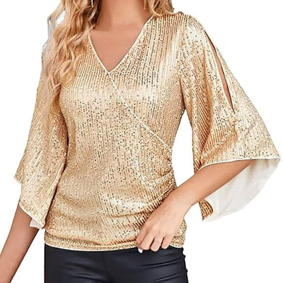 Tittly T Shirts for Women Tshirts Shirts Womens Sequin Tops 3/4 Sleeve Glitter Sparkly Blouse V Neck Tops For Evening Womens T Shirts Gym Clothes for Woman Rose Gold 5XL