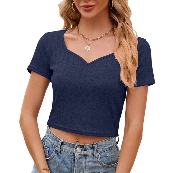 Tittly T Shirts for Women Tshirts Shirts Womens Short Sleeve Summer Tops Sweetheart Neckline Crop Top Basic Slim Fit Shirt Casual T Shirt 2025 Fashion Going Out Tops Summer Tops Navy L