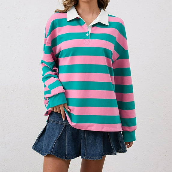 Tittly T Shirts for Women V Neck T Shirts for Women Women's Oversized Striped Sweatshirt Long Sleeve Rugby Collared Pullover Tops Loose Fit Shirt Tshirts Shirts Long Sleeve Shirts for Women Pink S