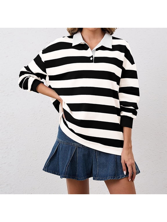 T Shirts for Women V Neck T Shirts for Women Women's Oversized Striped Sweatshirt Long Sleeve Rugby Collared Pullover Tops Loose Fit Shirt Tshirts Shirts Long Sleeve Shirts for Women Black L