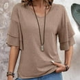 thumbnail image 1 of Tittly T Shirts for Women V Neck T Shirts for Women Womens Casual Blouses Summer Fashion Clothes Double Tiered Half Bell Sleeve Top Crewneck Loose Fit T Shirts Tshirts Shirts Womens Tops Khaki L, 1 of 6