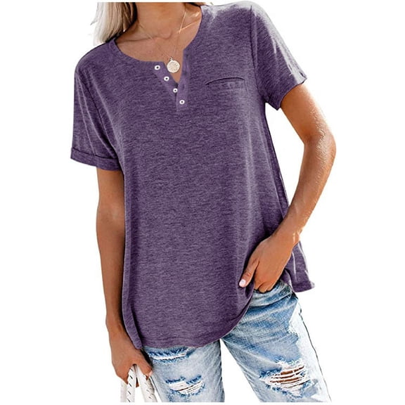 Tittly T Shirts for Women Womens Summer Tops Fashion Women's Loose Short Sleeve T-shirt Round Neck Solid color Tops Basic Tees Womens Tops Tshirts Shirts Purple XXL