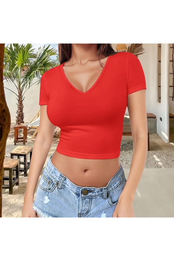 T Shirts for Women Going Out Tops Women's Soft Workout Slim Casual Short Sleeved V Neck Crop Top Spring Tops for Women Tshirts Shirts Red M