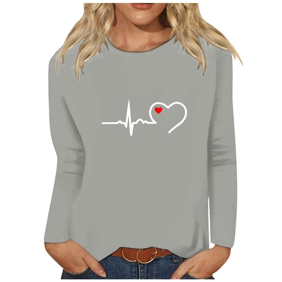 Tittly T Shirts for Women Graphic Tees Ladies Fashion Long Sleeve Round Neck T Shirt Womens Long Sleeve Tops Tshirts Shirts Grey L