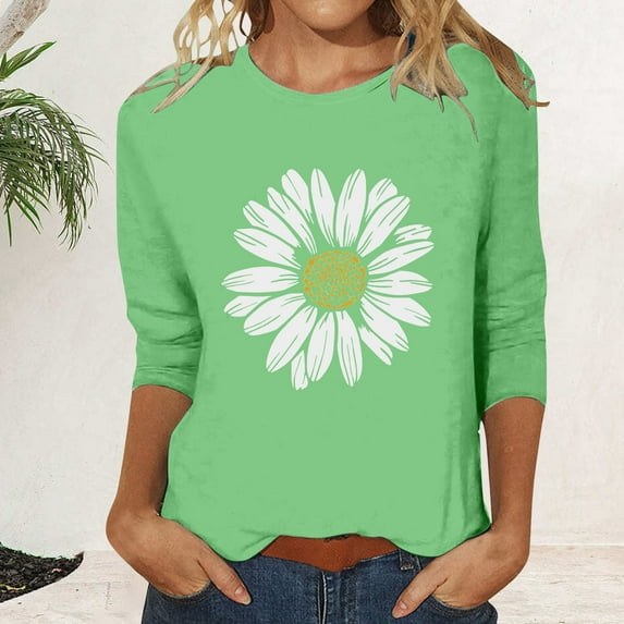 Tittly T Shirts for Women Graphic Tees Women's Crew Neck Printed Seven Quarter Sleeve Casual T Shirt Top Tshirts Shirts Spring Tops for Women Green M