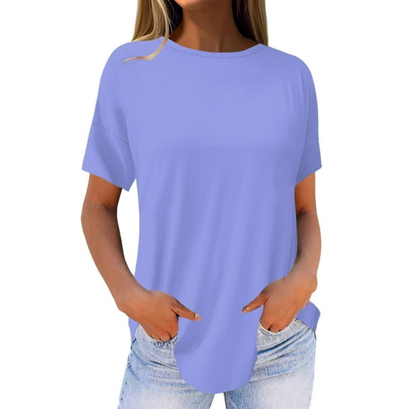 Tittly T Shirts for Women Graphic Tees Women's Pure Color Fashionable Casual Round Neck Short Sleeve Top Tshirts Shirts Womens Tops Blue XL