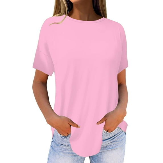 Tittly T Shirts for Women Graphic Tees Women's Pure Color Fashionable Casual Round Neck Short Sleeve Top Tshirts Shirts Womens Tops Pink XL