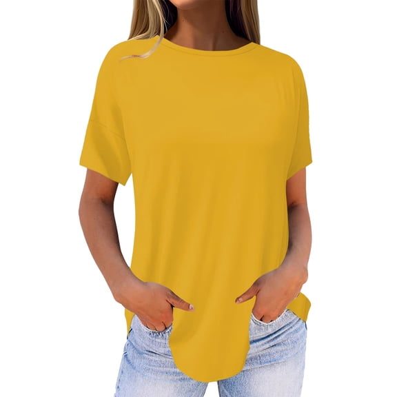 Tittly T Shirts for Women Graphic Tees Women's Pure Color Fashionable Casual Round Neck Short Sleeve Top Tshirts Shirts Womens Tops Yellow S