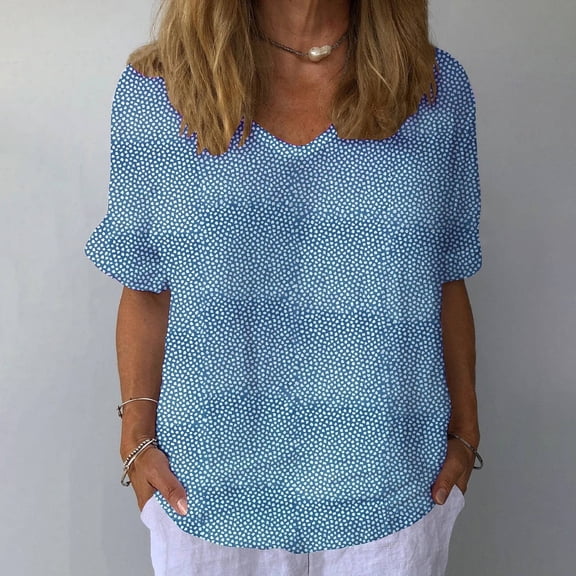 Tittly T Shirts for Women Spring Tops for Women Women Cotton And Linen Flower Art Short Sleeve V Neck Clause Shirt Tshirts Shirts Basic Tees Blue 3XL