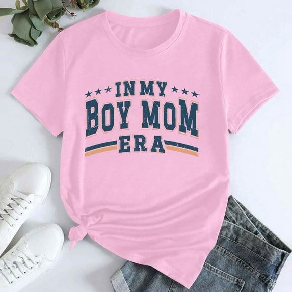 Tittly T Shirts for Women Tshirts Shirts Women's In My Boy Mom Printed T Shirt Cotton Round Neck Casual Short Sleeves Basic Tees Summer Tops Pink L