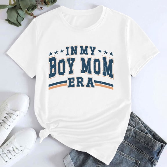 Tittly T Shirts for Women Tshirts Shirts Women's In My Boy Mom Printed T Shirt Cotton Round Neck Casual Short Sleeves Basic Tees Summer Tops White S