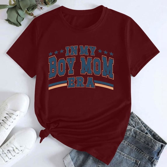 Tittly T Shirts for Women Tshirts Shirts Women's In My Boy Mom Printed T Shirt Cotton Round Neck Casual Short Sleeves Basic Tees Summer Tops Wine S