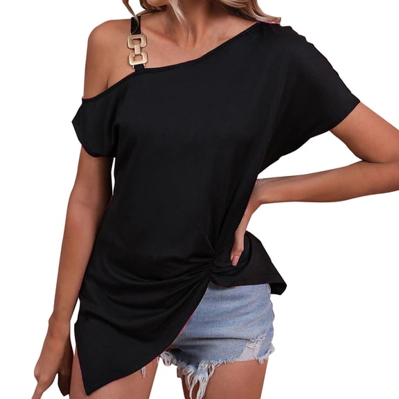 Tittly T Shirts for Women Tshirts Shirts Women's Short Sleeve Asymmetrical Solid Color Off The Shoulder T Shirt Top Going Out Tops Crop Tops Black L