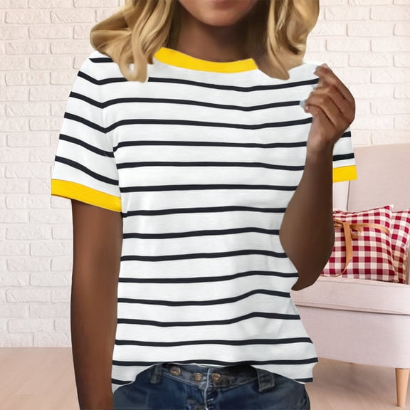 Tittly T Shirts for Women Tshirts Shirts Women's Spring Round Neck Stripe Splicing Loose Casual Short Sleeve T Shirt Basic Tees Summer Tops Yellow M
