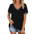 thumbnail image 1 of Tittly T Shirts for Women Tshirts Shirts Women's Spring V Neck Splice Ribbon Pocket Loose Casual Short Sleeve T Shirt Basic Tees Summer Tops Black L, 1 of 4