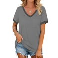 thumbnail image 1 of Tittly T Shirts for Women Tshirts Shirts Women's Spring V Neck Splice Ribbon Pocket Loose Casual Short Sleeve T Shirt Basic Tees Summer Tops Grey L, 1 of 4