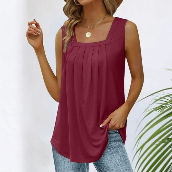 Tittly Tank Tops Vest for Women Summer Vest Loose Pleated Square Neck Sleeveless Top Curved Hem Loose Large Size Women's Top Womens Tops Vest Tops for Women Wine S