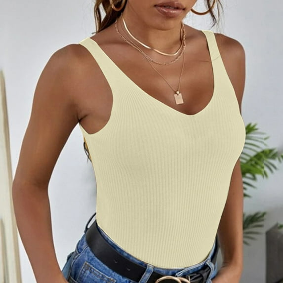 Tittly Tank Tops Vest for Women Women's Summer V Neck Knitted Solid Color Tank Top Womens Tops Knit Tops Beige L