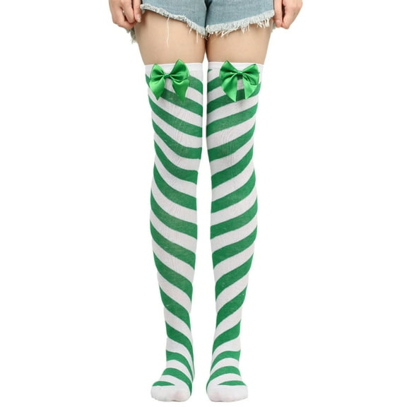 Tittly Thigh High Stockings Socks for Women Christmas Bow Thigh High Long Stockings Over Knee Christmas Party Costumes Knee High Long Striped Stocking Slouch Socks Cute Socks Green One Size