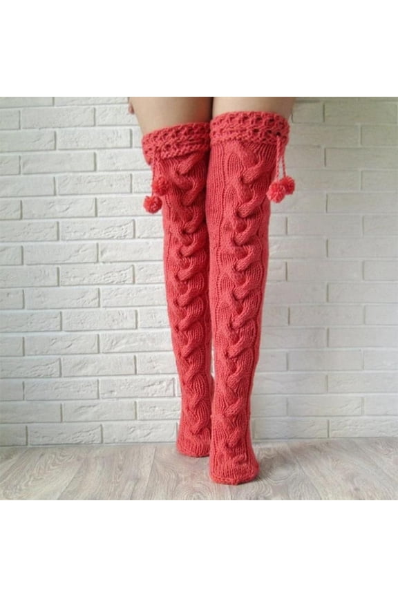 Thigh High Stockings Socks for Women Autumn Winter Solid Knitted Warm Long Knee Cap Socks With Plush Slouch Socks Cute Socks Red One Size