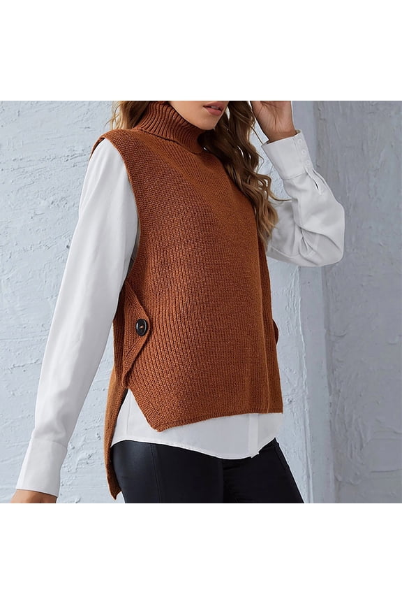 Vest for Women Waistcoat Vest Ladies' Solid Color Knit Turtleneck Pullover Loose Sleeveless Vest Vest Tops for Women Tank Tops Brown L