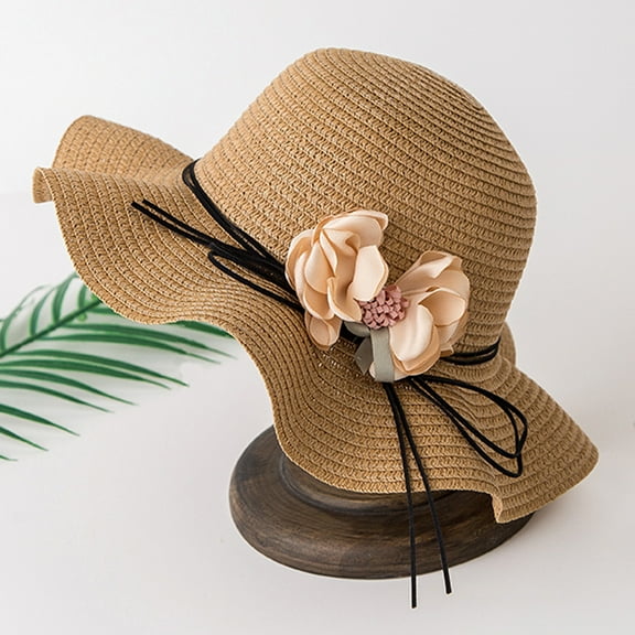 Tittly Visor Hats Beach Hats Travel Flower Caps Foldable Wide Sun Summer Ladies Beach Hat Baseball Caps Hats for Women Straw Hat Khaki One Size
