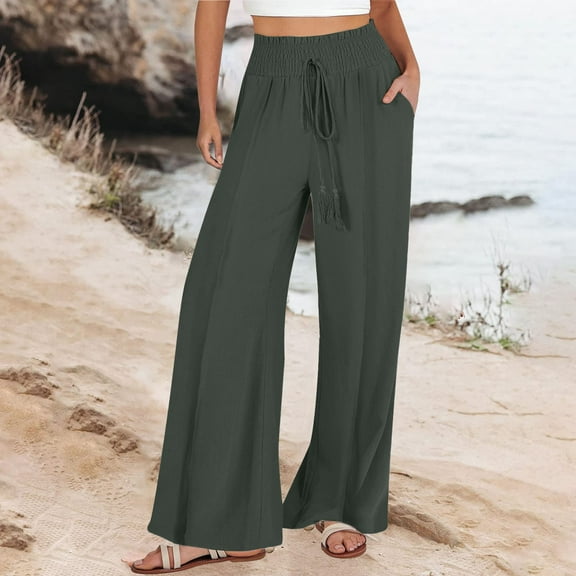 Tittly Wide Leg Pants Woman Baggy Pants Linen Pants Women Summer Wide Leg Pants Drawstring Elastic Waist Pants High Waisted Pants Casual Beach Trousers Comfy Pants Women Sweatpants Women AG L