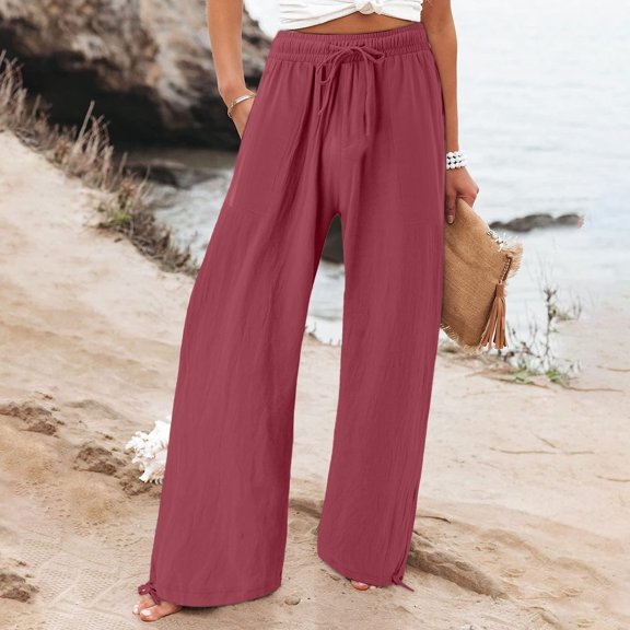 Tittly Wide Leg Pants Woman Baggy Pants Linen Pants Women Summer Wide Leg Pants Drawstring Elastic Waist Pants High Waisted Pants Casual Beach Trousers Comfy Pants Women Sweatpants Women Wine L